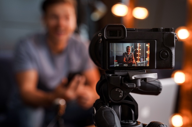 Professional video camera recording commercial video footage